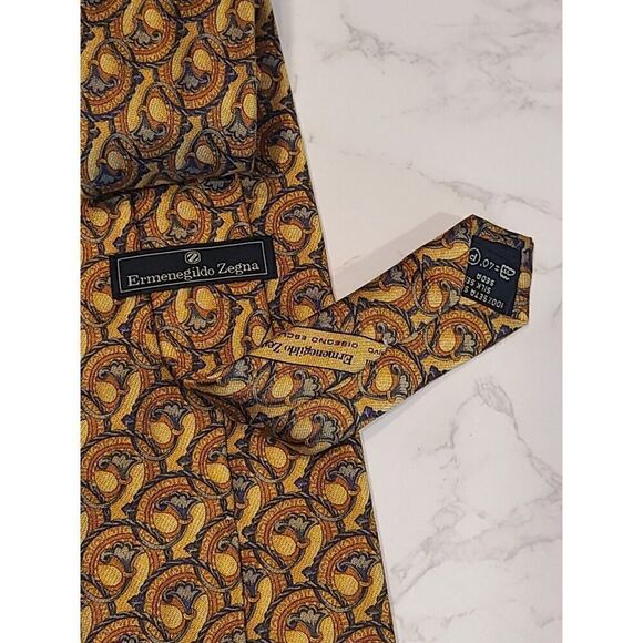 Ermenegildo Zegna Luxe Men's Silk Neck Tie Golden Brown Navy Blue Design Italy - Picture 4 of 8